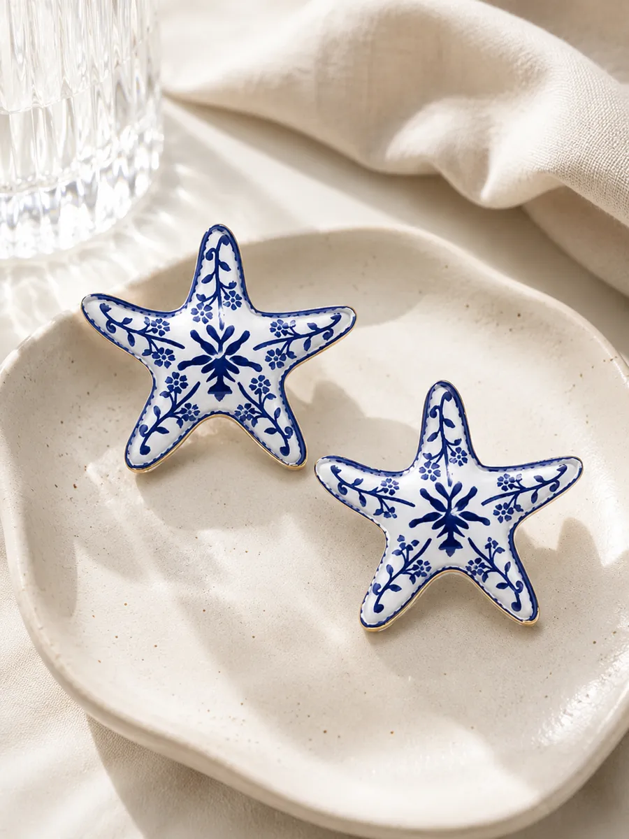 Santorini Summer Porcelain Starfish Stud Earrings – Blue Enamel with 304 Stainless Steel Posts